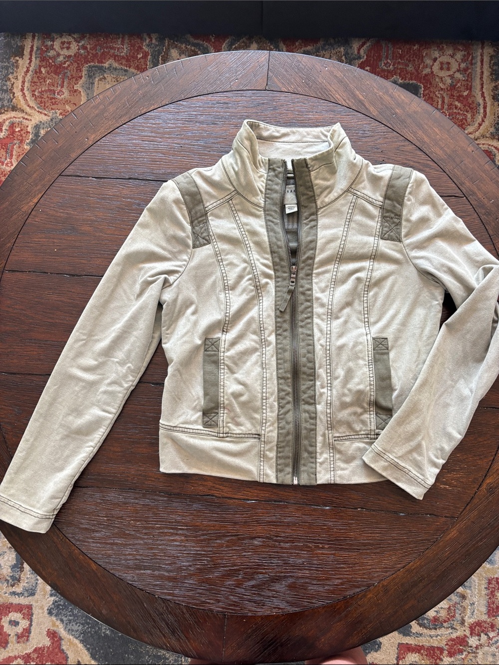 Women's Light Taupe Bomber Jacket with Olive Trim
